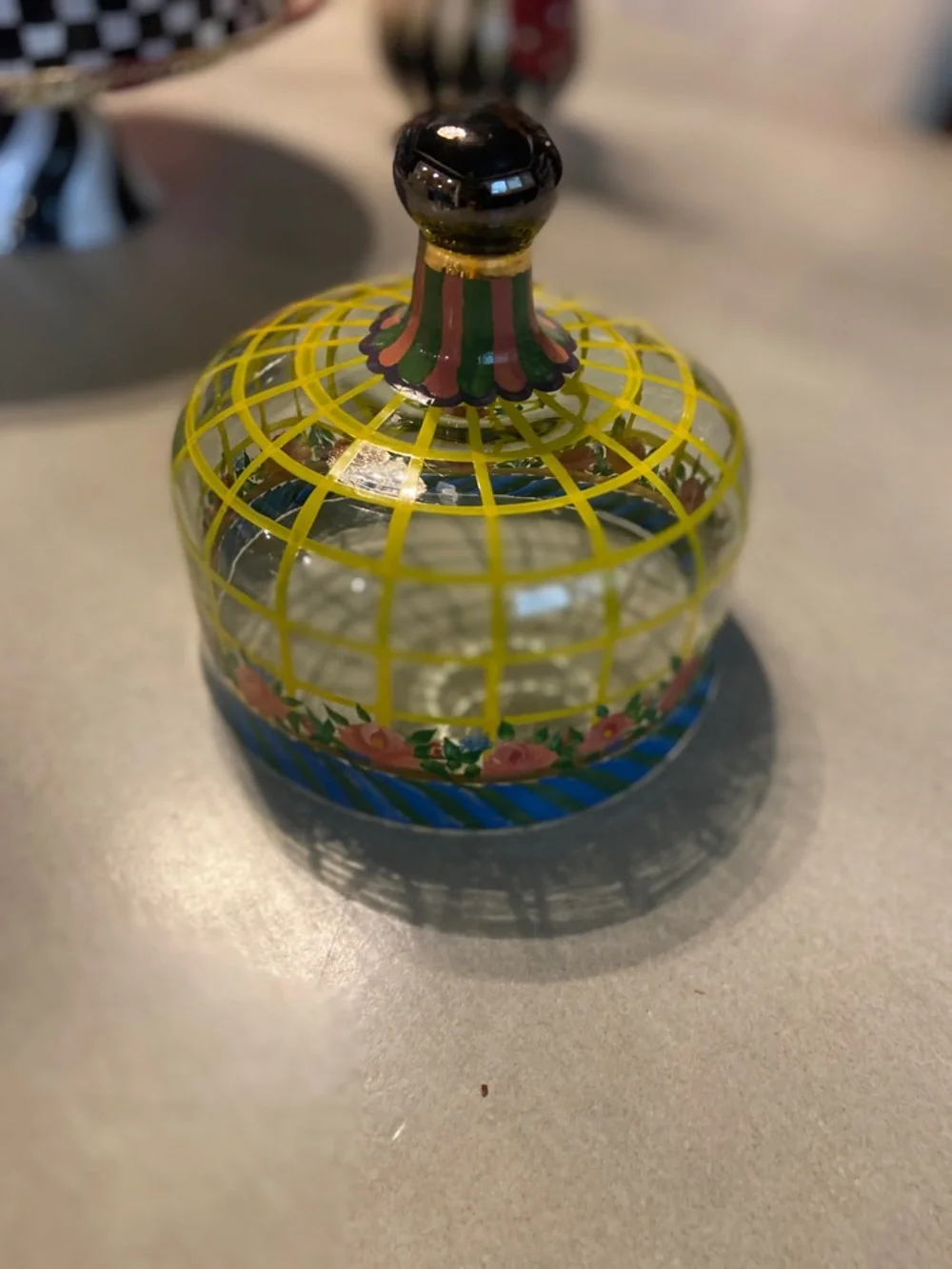 MacKenzie-Childs Hand-Painted Glass Dome Cloche in Yellow, Blue, Pink, Green